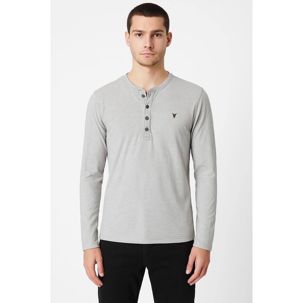 All Saints Gray Long Sleeve 3 Button Placket Embroidered Logo Henley Shirt Small